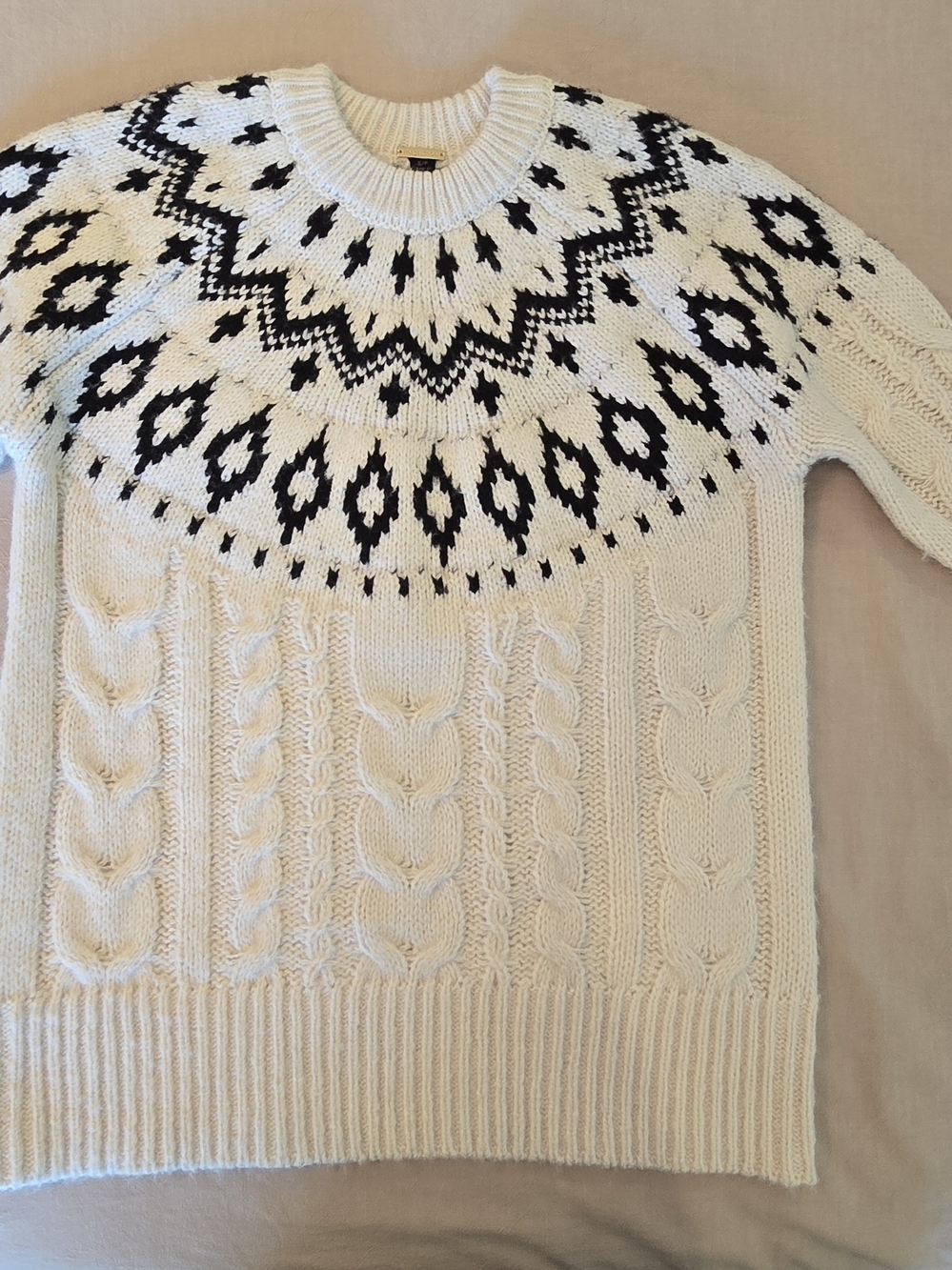 Magaschoni Cream Cable Knit Fair Isle Sweater with Black Yoke